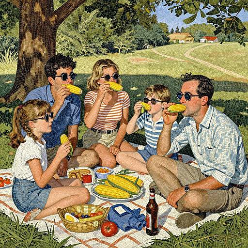 Monocle Family Picnic Mosaic Illustration