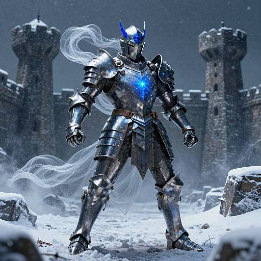 CGI image of a blue-embered armored knight with flowing white energy, standing in a snowy castle courtyard, flanked by stone towers.
