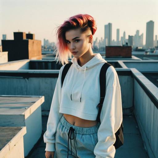 Fashion Model with Two-Tone Hair on Rooftop