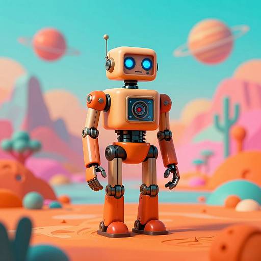 CGI image of a vibrant orange, cartoon-style robot with blue glowing eyes, standing on a colorful, surreal desert planet with pink and orange planets and