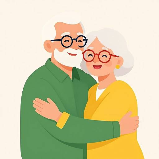 Illustration of a happy elderly couple hugging; the man wears a green shirt and glasses, the woman a yellow top and red glasses, both with