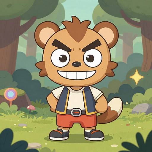 Cartoon beaver with brown fur, white shirt, red shorts, blue vest, and black shoes stands confidently in a colorful forest. Bright, playful