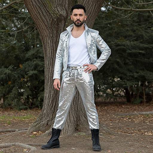 Photograph of a bearded man with dark hair, wearing a shiny silver sequin suit, white tank top, and black boots, standing confidently in