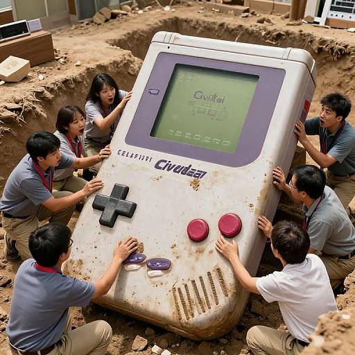Photograph of six Asian men, wearing casual clothes, lifting a large, weathered, white Nintendo Cluad retro game console from a dirt pit