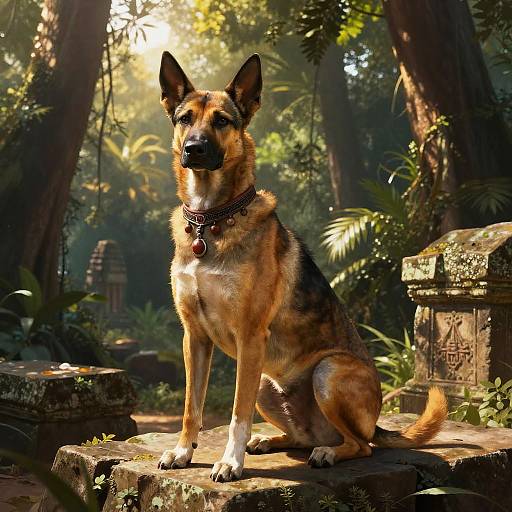 Photograph of a German Shepherd with a black and tan coat, wearing a red collar, sitting on ancient stone steps in a sunlit, lush forest