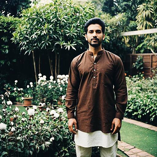 Man in Cotton Kurta Shirt in Garden