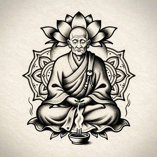 Vintage Monochrome Monk Tattoo Flash