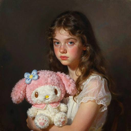 Digital painting of a young girl with long brown hair, blue eyes, and pink cheeks, holding a pink and white stuffed bunny with a blue bow,