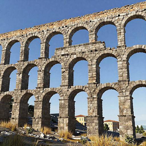 Photograph of ancient Roman aqueduct with large, sunlit stone arches against a clear blue sky, with grass and buildings in the background.