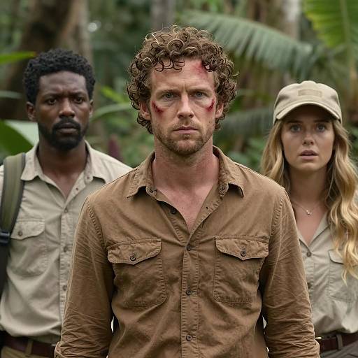 Three People in Jungle Setting with Serious Expressions