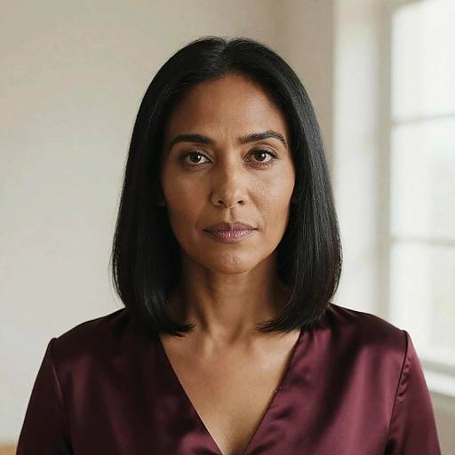 Photograph of an Indian woman with medium brown skin, straight black shoulder-length hair, wearing a maroon satin blouse, looking directly at the camera in