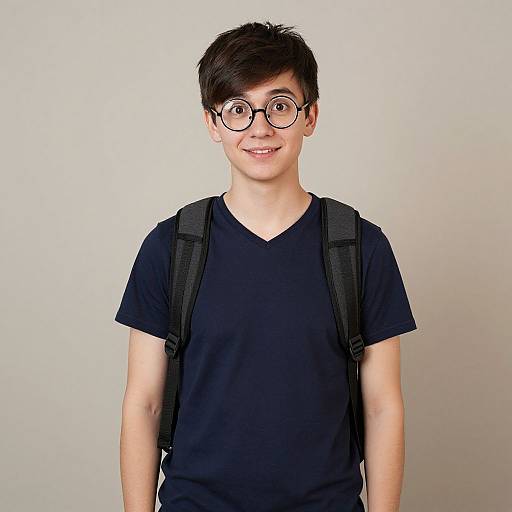 Photograph of a young boy with short black hair, glasses, smiling, wearing a black V-neck shirt and backpack, against a plain white background.