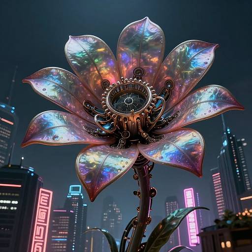 Neon-lit, cyberpunk flower with iridescent petals and intricate mechanical center, set against a futuristic cityscape of glowing skyscrapers.
