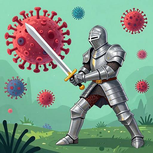 Knight Fighting Giant Viruses Cartoon