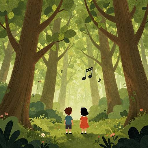 Digital illustration of a sunlit forest with two children holding hands, back to viewer, surrounded by tall trees and musical notes.