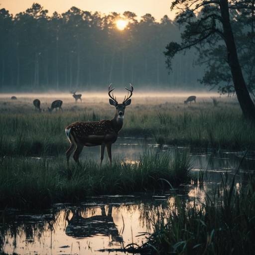 Deer in Misty Swamp at Sunset