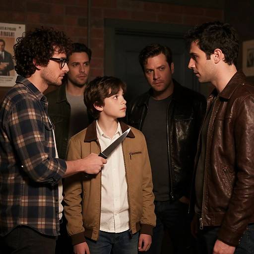 Group of Men in Intense Confrontation Indoors