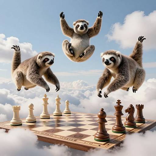Three floating sloths play chess in mid-air against a cloudy sky, with two white and two brown chess pieces on the board.