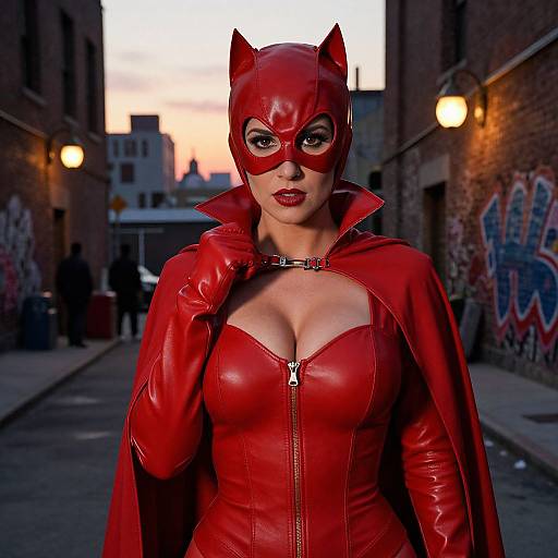 Photograph of a woman in a red leather Batgirl costume with cat-ear mask, standing in a graffiti-covered urban alleyway at sunset.
