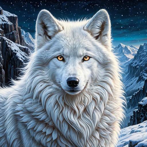 Detailed Snow Wolf Portrait in Winter Mountains