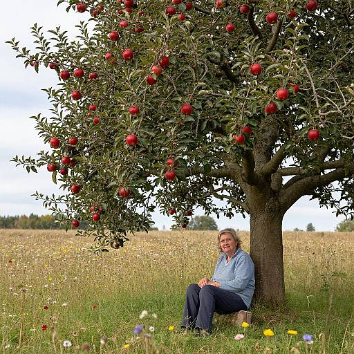 Photograph of a middle-aged woman with light brown hair, wearing a blue shirt and jeans, sitting under a red apple tree in a blooming me
