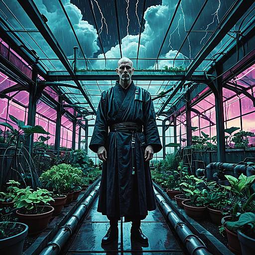 Cyberpunk Monk in Neon Rooftop Greenhouse