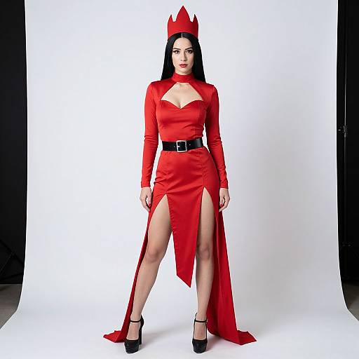 Photograph of a woman in a red, long-sleeved, high-thigh slit dress with a crown, black belt, and black heels,