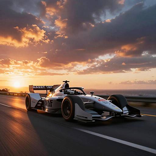 Photograph of a sleek, white Formula 1 race car speeding on a racetrack at sunset, with dramatic orange and purple clouds in the background