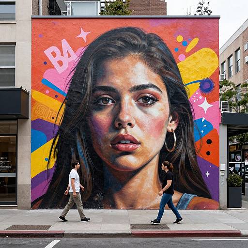 Photograph of a vibrant urban street scene with a large, colorful graffiti mural of a serious young woman with dark hair and hoop earrings, passing pedestrians in