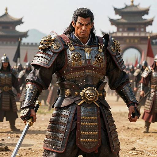 Photorealistic CGI of a fierce Japanese samurai with black hair, intense expression, and ornate armor, standing in a dusty battlefield with other sam