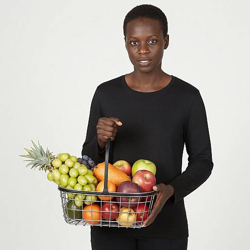 Photograph of a black woman in a black long-sleeve shirt, holding a wire basket filled with various colorful fruits, including pineapple, green grapes