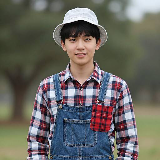 Photograph of a young Asian man with medium skin tone, black hair, wearing a white bucket hat, red and white plaid shirt, and blue