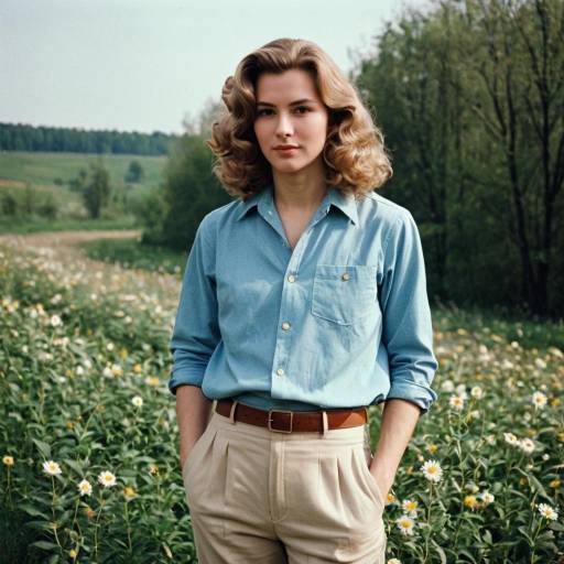 Young Woman in 1950s Casual Outfit in Flower Field