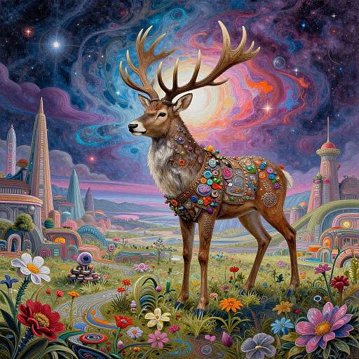 Digital fantasy artwork of a majestic, antlered deer adorned with colorful flowers and jewels, standing in a vibrant, surreal landscape with swirling cosmic skies and