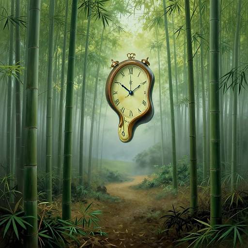 Digital artwork: Vintage clock with ornate gold frame floats in misty bamboo forest, path leading to distant, foggy greenery.