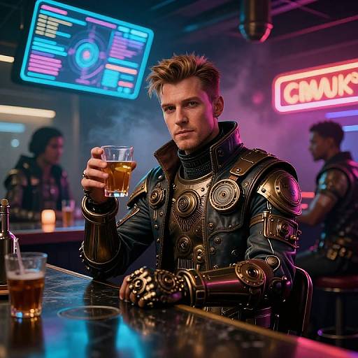 Photorealistic CGI: handsome man with spiked hair, cyberpunk armor, holding glass of beer in dimly lit, neon-lit bar. Background