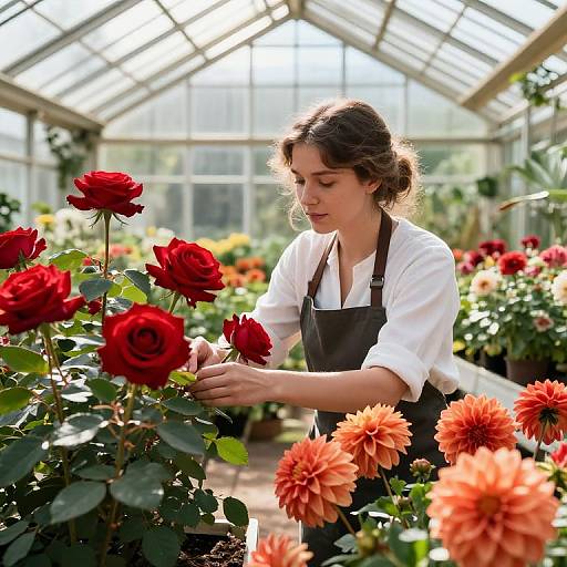 Gardener in Sunlit Rose and Dahlia Greenhouse