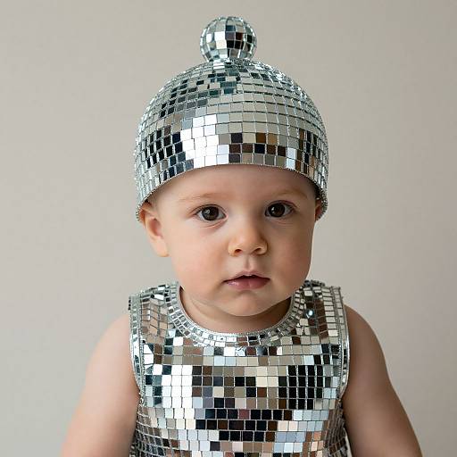 Photograph of a baby with fair skin wearing a shiny, reflective silver sequin hat and matching sleeveless top, against a plain white background.