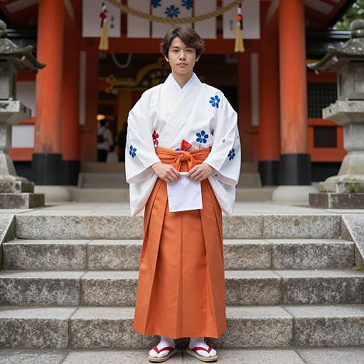 Japanese Youth in Traditional Attire at Shrine