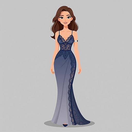 Digital illustration of a smiling woman with wavy brown hair, wearing a blue, lace-trimmed, floor-length evening gown, standing against a plain