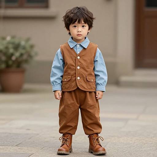 Boy in Brown Outfit with Blue Shirt