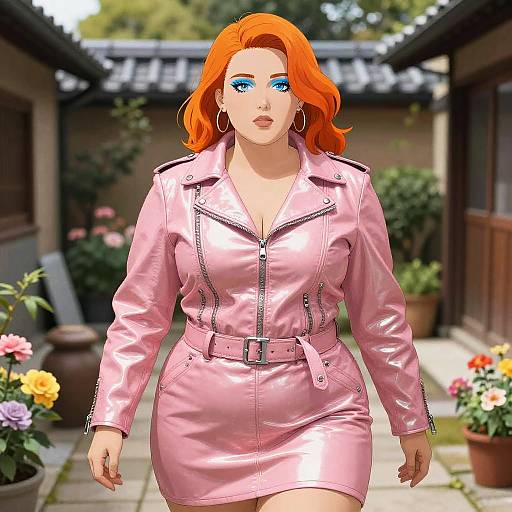 Digital illustration of a curvy woman with bright red hair, blue eyes, wearing a shiny pink leather jacket and skirt, walking in a sunny garden with