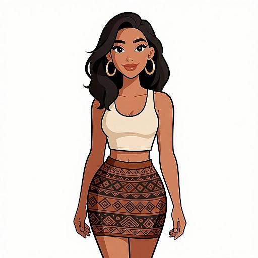 Digital illustration of a smiling, dark-haired woman with large hoop earrings, wearing a white crop top and patterned brown skirt.