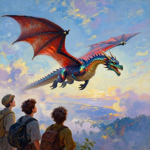 Digital painting: Vibrant, red and blue dragon with glowing scales soars above two wide-eyed, backpack-wearing adventurers against a colorful sunset sky.