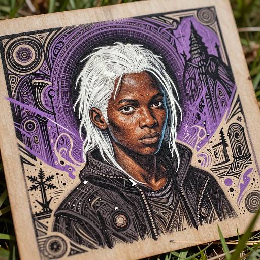 Detailed digital drawing of a dark-skinned man with white hair, wearing a black jacket, against a purple, geometric, and mystical background.