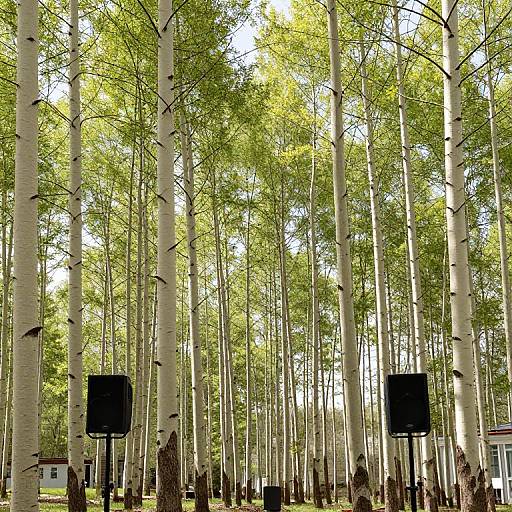 Photograph of a dense, sunlit birch forest with tall white trunks and green leaves, featuring two black speakers at ground level.