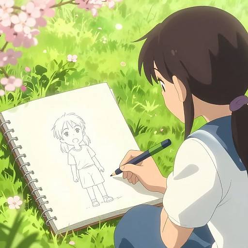Anime-style digital illustration of a girl with black hair, wearing a white and blue school uniform, sketching a character on a spiral notebook in a sunny