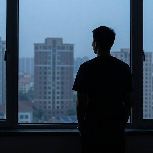 Reflective Silhouette Against Urban Skyline