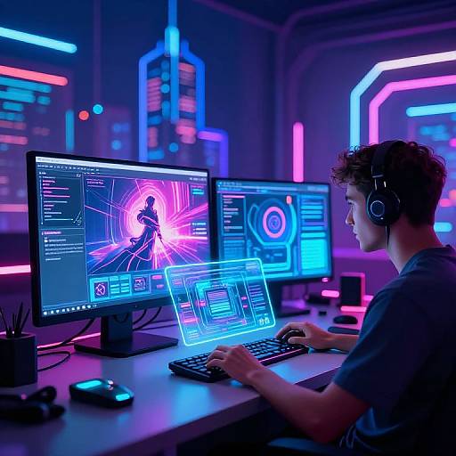 Neon-lit cyber room: young man with curly hair and headphones sits at desk, working on glowing blue and pink computer screens.