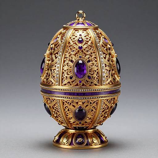 Photograph of an ornate, gold egg-shaped box with intricate patterns, adorned with large purple gemstones, set against a gradient blue-gray background.
